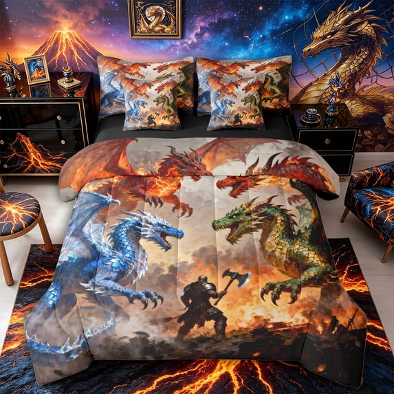 Metsweet Magic Dragon Twin Bedding 7-Piece, Abstract Animal Bedding Comforter Set, Red Blue Green,Black Reversible