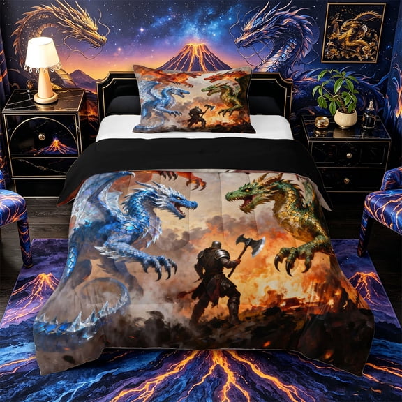 Aikeke Magic Dragon Twin Comforter Sets 2pcs, Abstract Animal Bedding Set, Red Blue Green,Black Reversible,1 Comforter and 1 Pillowcase