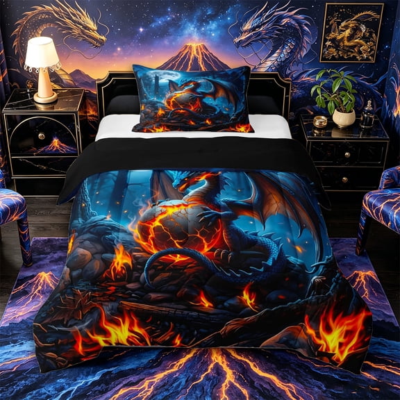 Aikeke Magic Dragon Twin Comforter Sets 2pcs, Flame Animal Bedding Set, Blue Orange,Black Reversible,1 Comforter and 1 Pillowcase