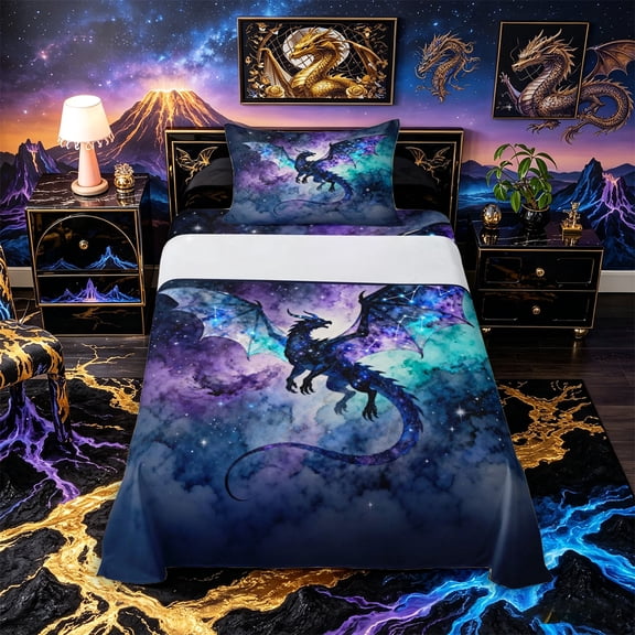 Metsweet Magic Dragon Twin Sheets 3pcs, Watercolor Ombre Galaxy Bedding, Blue Purple Teal,1 Fitted Sheet, 1 Flat Sheet and 1 Pillowcase