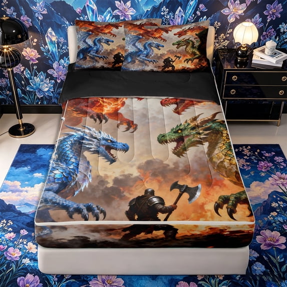 Metsweet Magic Dragon Zipper Twin Comforter Sets with Fitted Sheet and 2 Pillowcases, Abstract Animal Zipper Bedding Set, Red Blue Green,4-Piece,Black Reversible