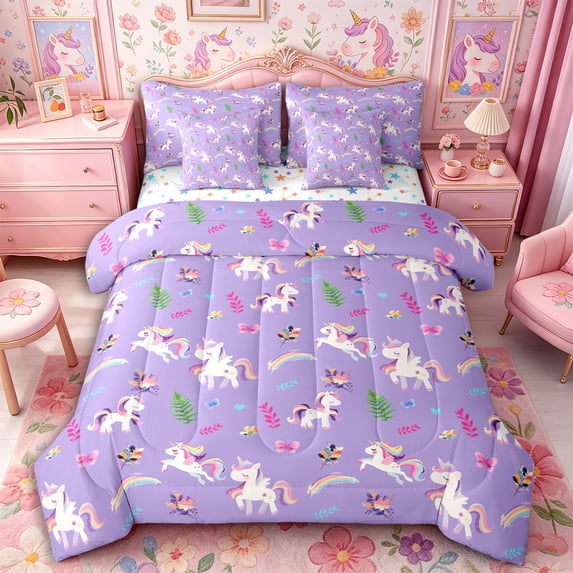 Metsweet Magic Horse Full Size Bedding Sets 7 Pieces, Cute Floral Rainbow Butterfly Full Size Bed in a Bag