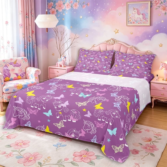 Metsweet Magic Horse King Sheets 4pcs, Flying Butterflies Unicorn Bedding,1 Fitted Sheet, 1 Flat Sheet and 2 Pillowcases