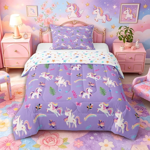 Aikeke Magic Horse Twin Comforter Sets 2pcs, Cute Floral Rainbow Butterfly Bedding Set,1 Comforter and 1 Pillowcase