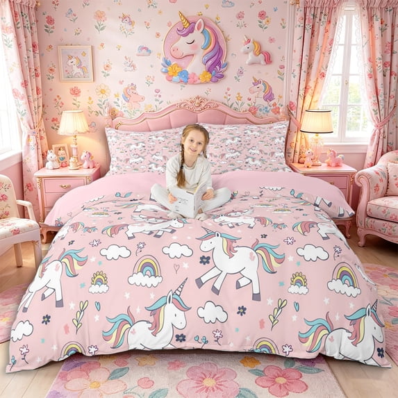 Metsweet Magical Floral Unicorn Duvet Cover Queen, Cartoon Rainbow Horse Queen Bedding,Pink Reversible,3-Piece,1 Duvet Cover and 2 Pillowcases