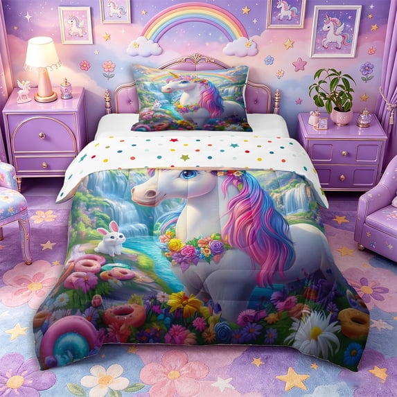 Metsweet Magical Floral Unicorn Twin Comforter Sets 2pcs, Kawaii Rainbow Rabbit Bedding Set,1 Comforter and 1 Pillowcase