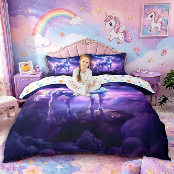 Metsweet Magical Horse Duvet Cover Queen, Starry Sky Unicorn Queen Bedding, Purple Blue,3-Piece,1 Duvet Cover and 2 Pillowcases