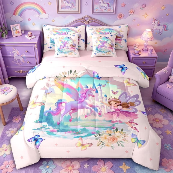 Metsweet Magical Horse Elf Full Size Bedding Sets 7 Pieces, Princess Castle Butterfly Flowers Full Size Bed in a Bag,Pink Reversible
