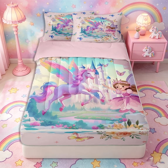 Metsweet Magical Horse Elf Zipper Twin Comforter Sets with Fitted Sheet and 2 Pillowcases, Princess Castle Butterfly Flowers Zipper Bedding Set,4-Piece,Pink Reversible