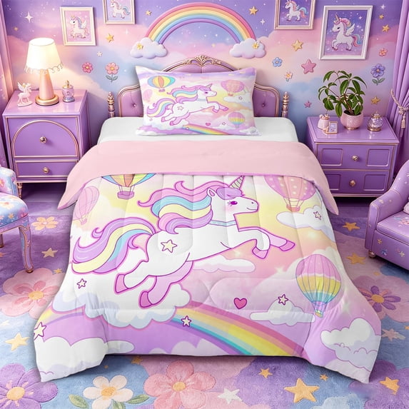 Metsweet Magical Horse Twin Comforter Sets 2pcs, Cute Unicorn Rainbow Hot Air Balloon Bedding Set,Pink Reversible,1 Comforter and 1 Pillowcase