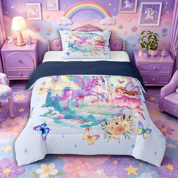 Aikeke Magical Horse Twin Comforter Sets 2pcs, Princess Butterfly Castle Unicorn Bedding Set, Light Blue,Navy Blue Reversible,1 Comforter and 1 Pillowcase