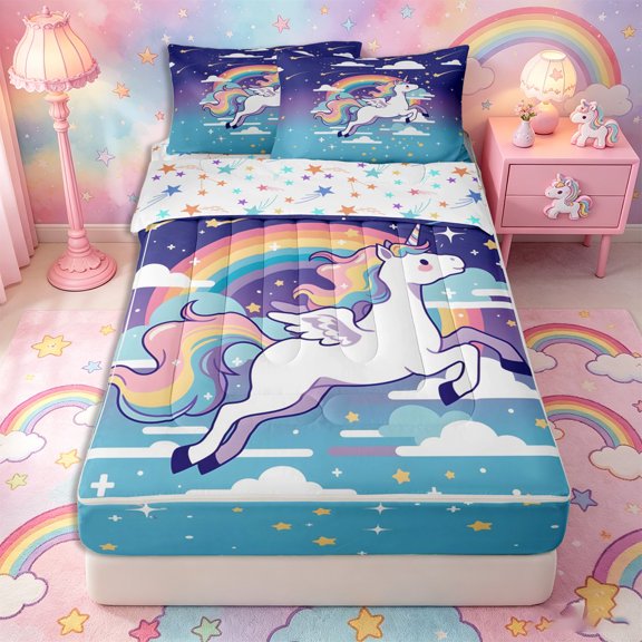 Metsweet Magical Horse Zipper Twin Comforter Sets with Fitted Sheet and 2 Pillowcases, Cartoon Rainbow Starry Sky Zipper Bedding Set, Blue Purple,4-Piece