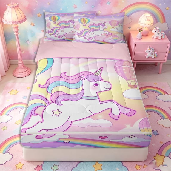 Metsweet Magical Horse Zipper Twin Comforter Sets with Fitted Sheet and 2 Pillowcases, Cute Unicorn Rainbow Hot Air Balloon Zipper Bedding Set,4-Piece,Pink Reversible