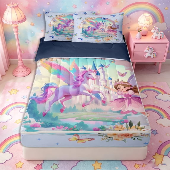 Metsweet Magical Horse Zipper Twin Comforter Sets with Fitted Sheet and 2 Pillowcases, Princess Butterfly Castle Unicorn Zipper Bedding Set, Light Blue,4-Piece,Navy Blue Reversible