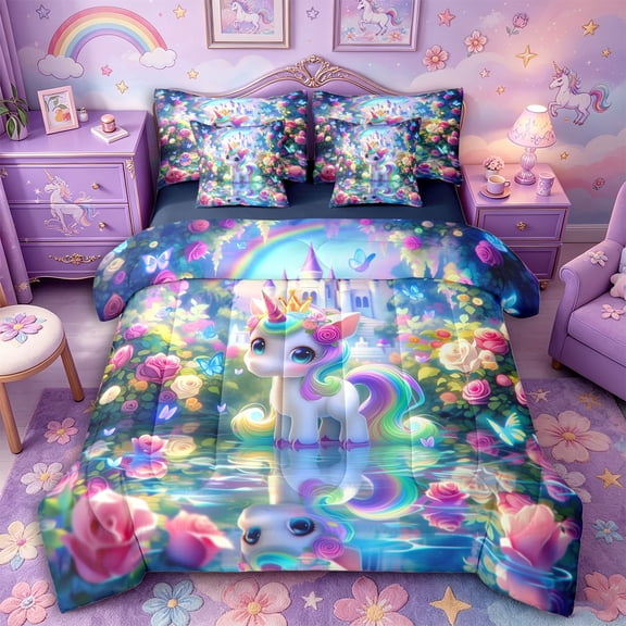 Metsweet Magical Unicorn Twin Bedding 7-Piece, Princess Castle Butterfly Bedding Comforter Set,Navy Blue Reversible