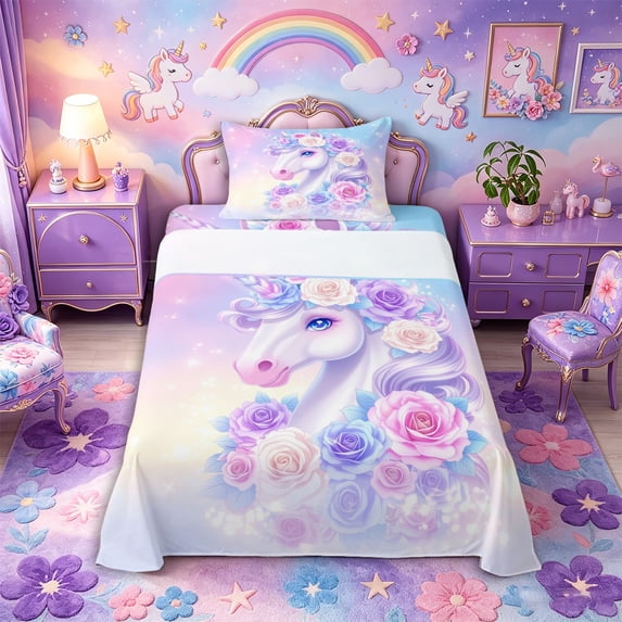 Metsweet Magical Unicorn Twin Sheets 3pcs, Princess Floral Horse Bedding, Pink Purple Blue,1 Fitted Sheet, 1 Flat Sheet and 1 Pillowcase
