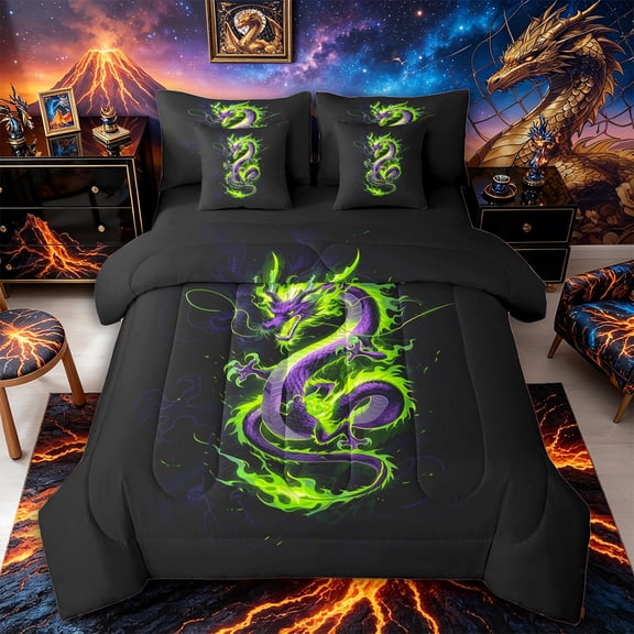 Metsweet Neon Dragon Animal Full Size Bedding Sets 7 Pieces, Abstrat Wildlife Full Size Bed in a Bag, Purple Green,Black Reversible