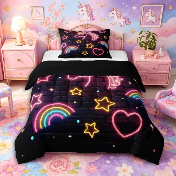 Aikeke Neon Unicorn Twin Comforter Sets 2pcs, Abstract Plaid Rainbow Bedding Set,Black Reversible,1 Comforter and 1 Pillowcase