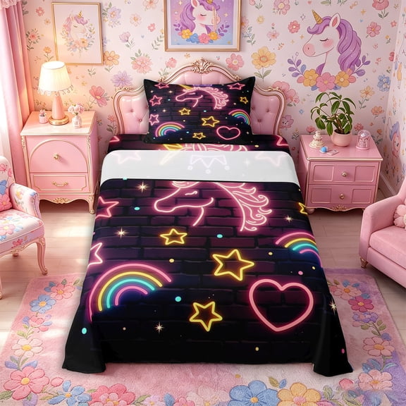 Aikeke Neon Unicorn Twin Sheets 3pcs, Abstract Plaid Rainbow Bedding,1 Fitted Sheet, 1 Flat Sheet and 1 Pillowcase