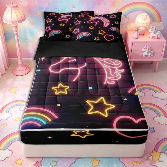 Metsweet Neon Unicorn Zipper Twin Comforter Sets with Fitted Sheet and 2 Pillowcases, Abstract Plaid Rainbow Zipper Bedding Set,4-Piece,Black Reversible