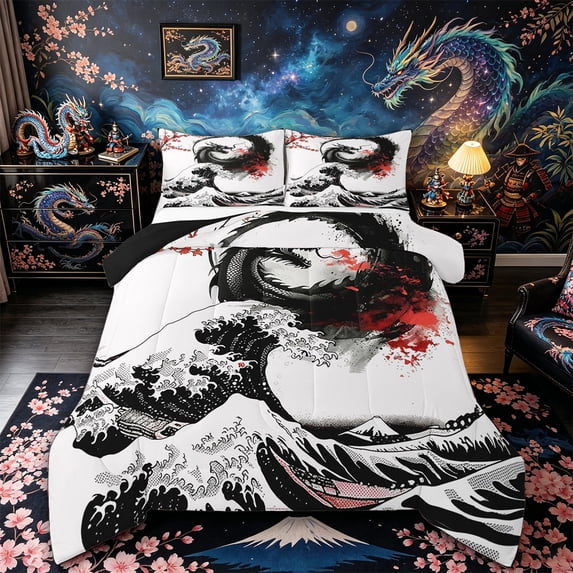Metsweet Ocean Wildlife Dragon Full Size Comforter Sets 3-Piece, Japanese Sakura Bedding Comforter Set, Black Red White,Black Reversible,1 Comforter and 2 Pillowcases