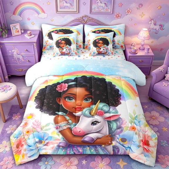 Metsweet Princess Floral Unicorn Full Size Bedding Sets 7 Pieces, Dreamy Rainbow Flowers Full Size Bed in a Bag