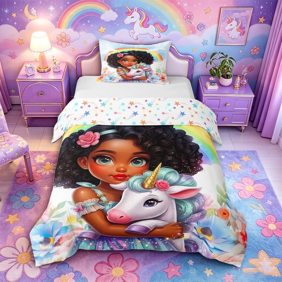 Metsweet Princess Floral Unicorn Twin Duvet Cover, Dreamy Rainbow Flowers Twin Bedding,2pcs,1 Duvet Cover and 1 Pillowcase