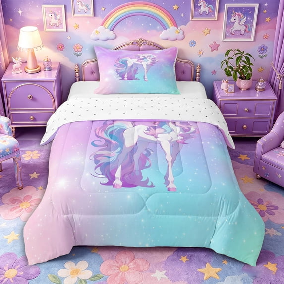 Metsweet Princess Unicorn Twin Comforter Sets 2pcs, Dreamy Gradient Starry Sky Bedding Set, Blue Purple Pink,1 Comforter and 1 Pillowcase