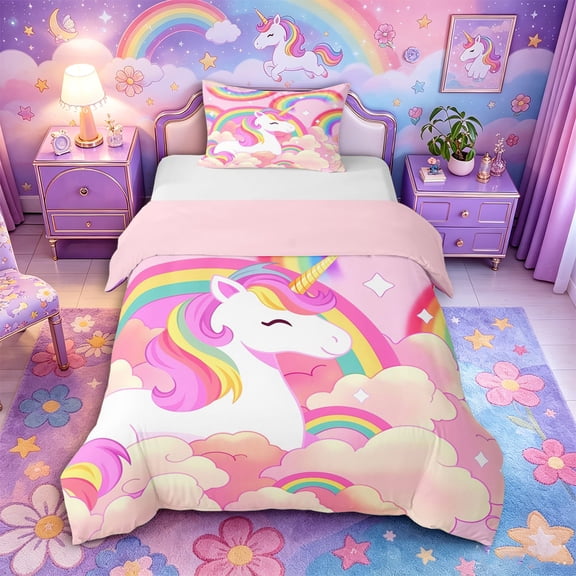 Metsweet Princess Unicorn Twin Duvet Cover, Colorful Rainbow Twin Bedding,Pink Reversible,2pcs,1 Duvet Cover and 1 Pillowcase