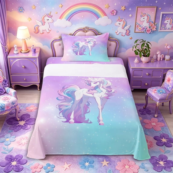 Metsweet Princess Unicorn Twin Sheets 3pcs, Dreamy Gradient Starry Sky Bedding, Blue Purple Pink,1 Fitted Sheet, 1 Flat Sheet and 1 Pillowcase