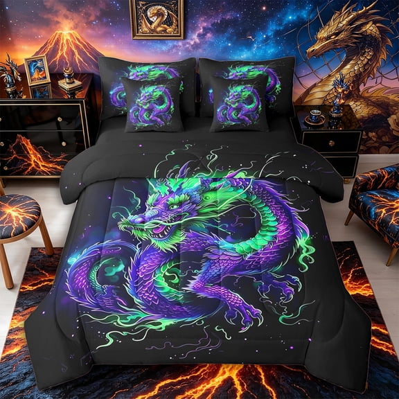 Aikeke Purple Green Dragon Twin Bedding 7-Piece, Exotic Style Bedding Comforter Set,Black Reversible