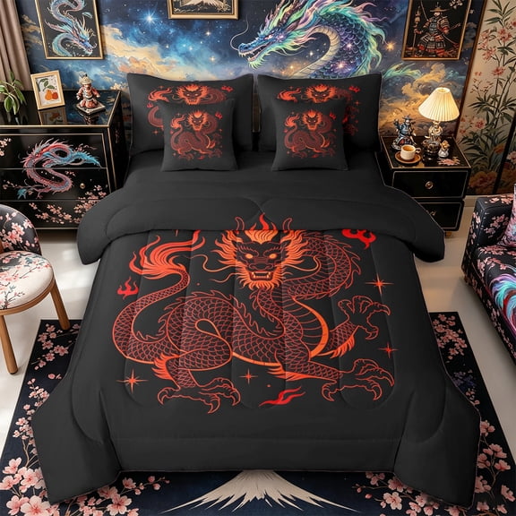 Aikeke Red Dragon King Bedding 7pcs, Japanese Style King Bed in a Bag,Black Reversible