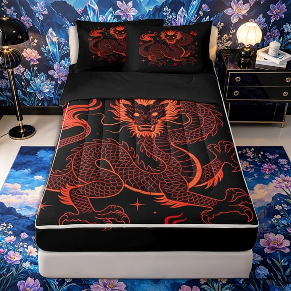 Metsweet Red Dragon Zipper Full Size Comforter Sets with Fitted Sheet and 2 Pillowcases, Japanese Style Zipper Bedding Set,4pcs,Black Reversible