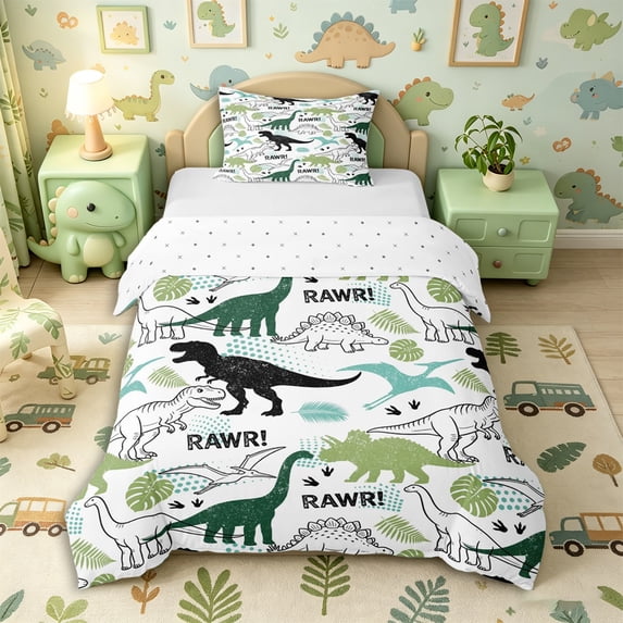 Metsweet Retro Dinosaurs Twin Duvet Cover, Tropical Leaves Twin Bedding, Green Black,2pcs,1 Duvet Cover and 1 Pillowcase