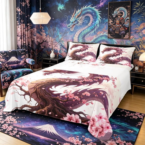 Aikeke Sakura Dragon Bed Sheets 4-Piece, Japanese Style Cherry Blossom Full Size Sheets, Purple Pink,1 Fitted Sheet, 1 Flat Sheet and 2 Pillowcases
