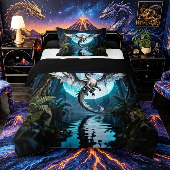 Aikeke Silver Dragon Twin Comforter Sets 2pcs, Gothic Moon Lake Bedding Set, Silver Black Blue,Black Reversible,1 Comforter and 1 Pillowcase