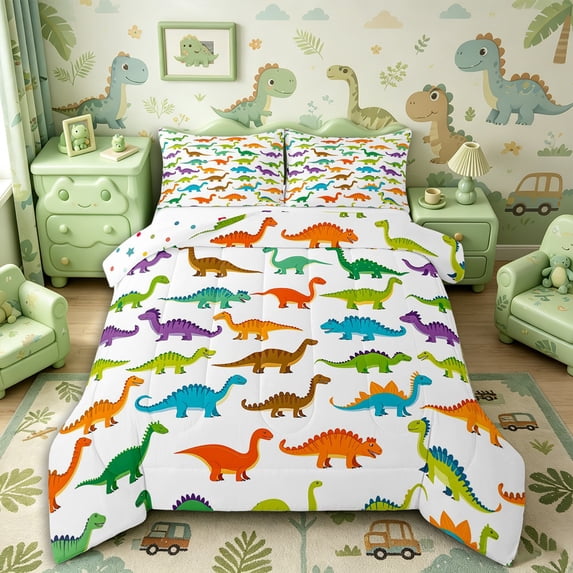 Metsweet Simple Dinosaur King Size Comforter Sets 3pcs, Colorful Wildlife Comforters King Size, Red Green White,1 Comforter and 2 Pillowcases