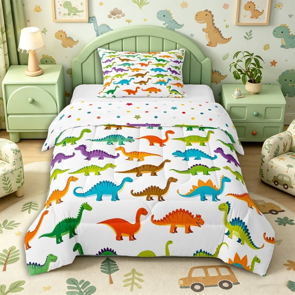 Aikeke Simple Dinosaur Twin Comforter Sets 2pcs for Teens, Colorful Wildlife Bedding Set, Red Green White,1 Comforter and 1 Pillowcase