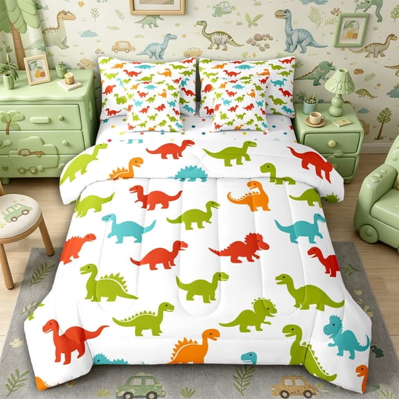Metsweet Simple Dinosaurs Twin Bedding 7-Piece, Jungle Animal Bedding Comforter Set, Red Green