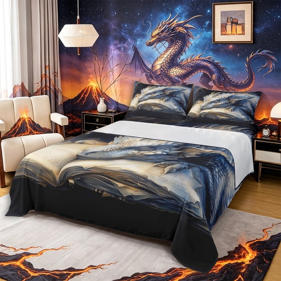 Metsweet Sleeping Dragon Queen Sheets 4 Pieces, Vintage Library Queen Sheet Sets, Blue Black,1 Fitted Sheet, 1 Flat Sheet and 2 Pillowcases