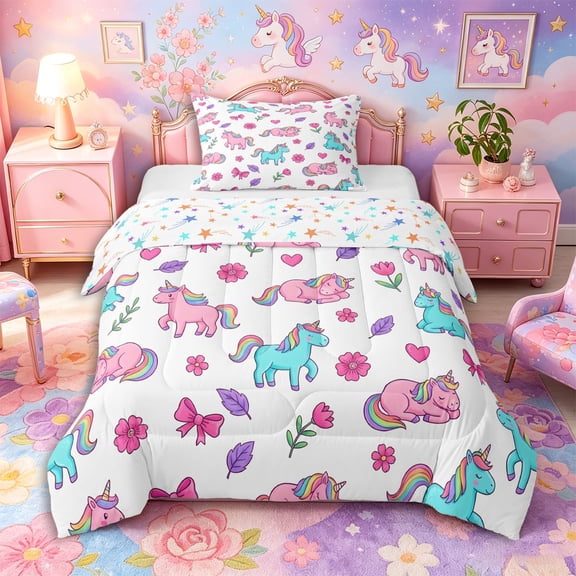 Aikeke Sweet Unicorn Twin Comforter Sets 2pcs, Cartoon Bow Flowers Bedding Set,1 Comforter and 1 Pillowcase