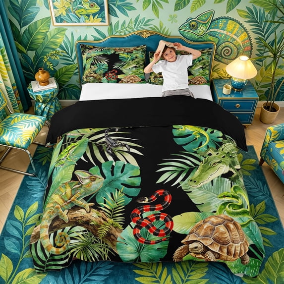 Metsweet Turtle Snake Lizard Duvet Cover Queen, Tropical Leaves Jungle Animal Queen Bedding, Green Brown Black,Black Reversible,3-Piece,1 Duvet Cover and 2 Pillowcases