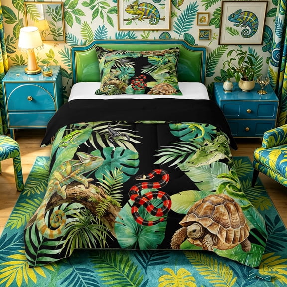 Aikeke Turtle Snake Lizard Twin Comforter Sets 2pcs, Tropical Leaves Jungle Animal Bedding Set, Green Brown Black,Black Reversible,1 Comforter and 1 Pillowcase