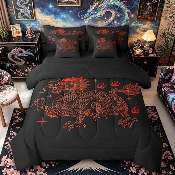 Metsweet Vintage Animal Dragon Full Size Bedding Sets 7 Pieces, Exotic Style Full Size Bed in a Bag, Red Black,Black Reversible