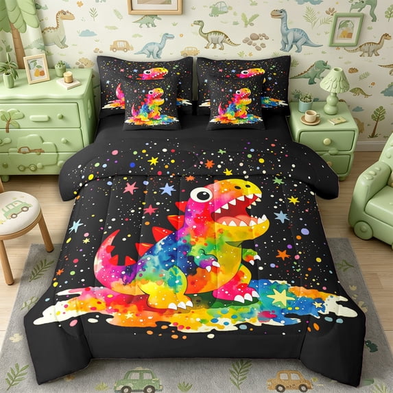 Metsweet Watercolor Dino Twin Bedding 7-Piece, Gradient Starry Sky Bedding Comforter Set, Pink Black,Black Reversible