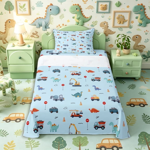 Metsweet Watercolor Dino Twin Sheets 3pcs, Kawaii Truck Bedding, Blue Orange,1 Fitted Sheet, 1 Flat Sheet and 1 Pillowcase