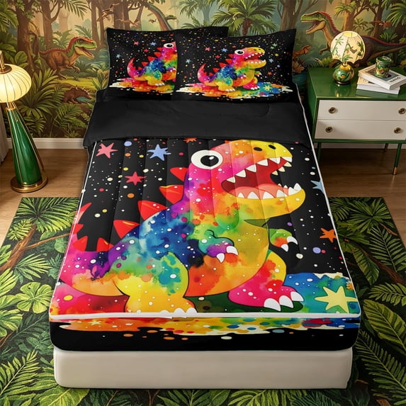 Metsweet Watercolor Dino Zipper Twin Comforter Sets with Fitted Sheet and 2 Pillowcases, Gradient Starry Sky Zipper Bedding Set, Pink Black,4-Piece,Black Reversible