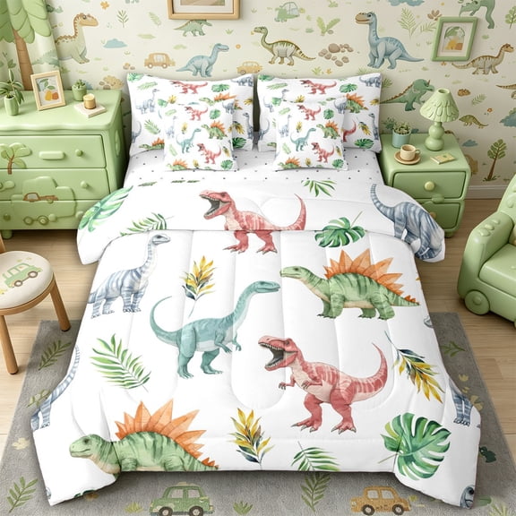 Aikeke Watercolor Dinosaur Full Size Bedding Sets 7 Pieces, Green Tropical Leaves Full Size Bed in a Bag, Green Blue Red