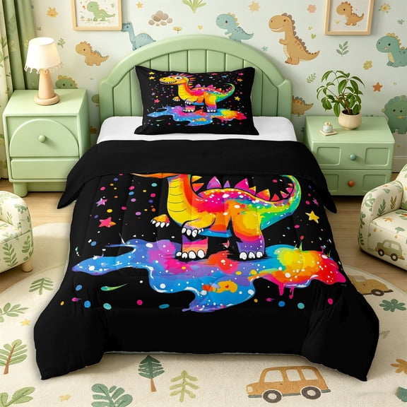Aikeke Watercolor Dinosaur Twin Comforter Sets 2pcs, Cute Animal Dino Bedding Set, Yellow Black,Black Reversible,1 Comforter and 1 Pillowcase