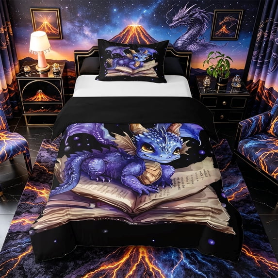 Metsweet Watercolor Dragon Twin Duvet Cover, Vintage Library Book Twin Bedding, Purple Black Brown,Black Reversible,2pcs,1 Duvet Cover and 1 Pillowcase
